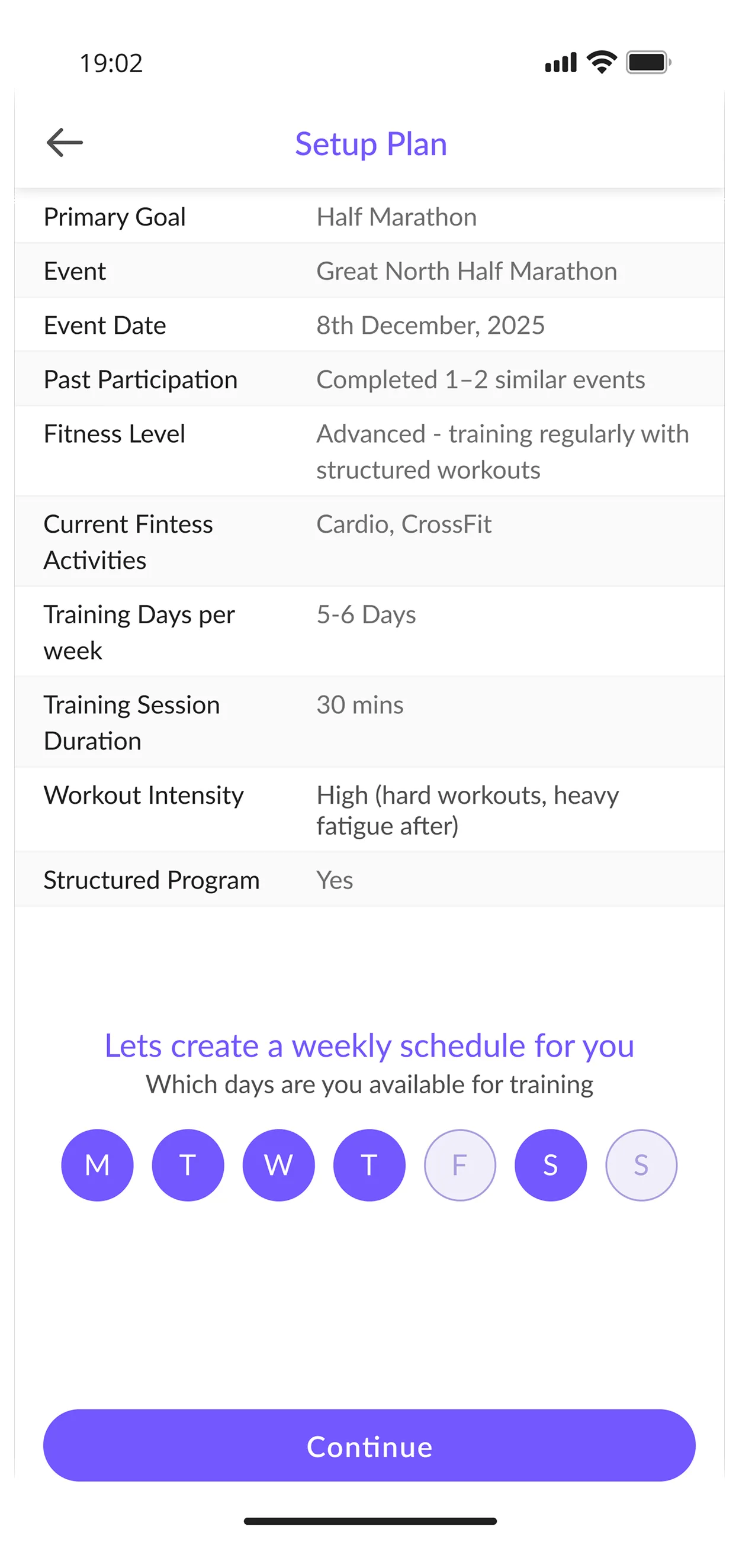 GenomeX setup workout plan screen 2
