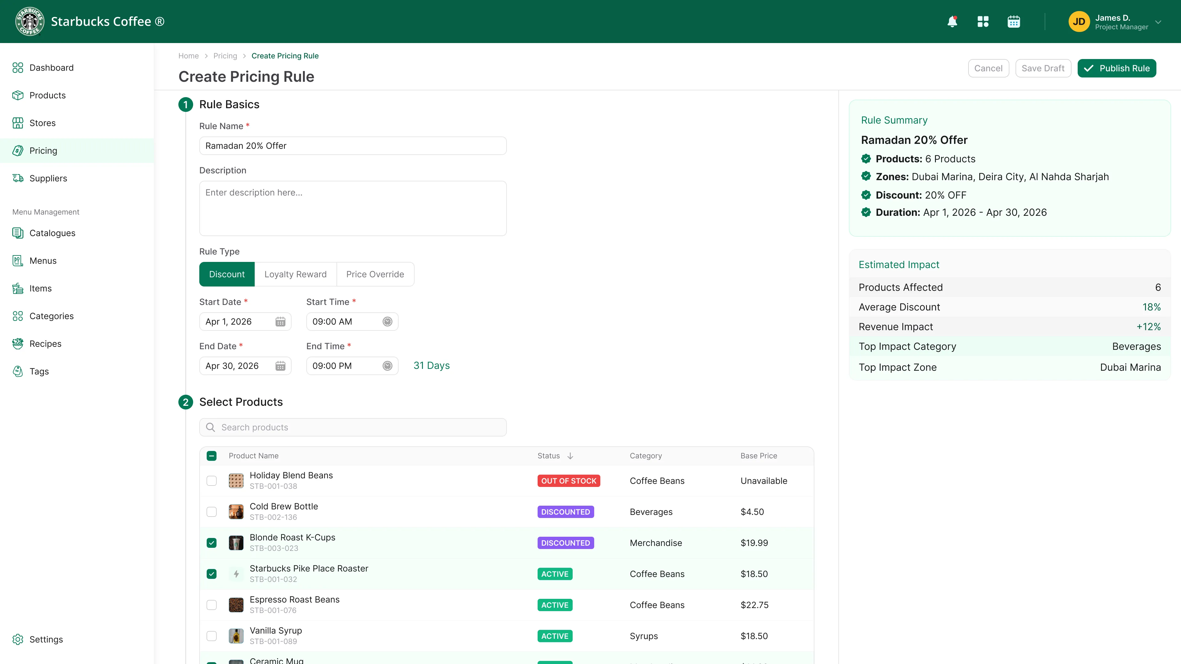 Pretelio create pricing rule screen